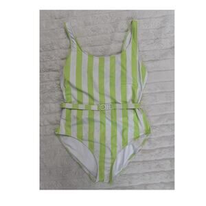 Solid & Striped Green White Striped Retro Belted One Piece Swimsuit Size XL